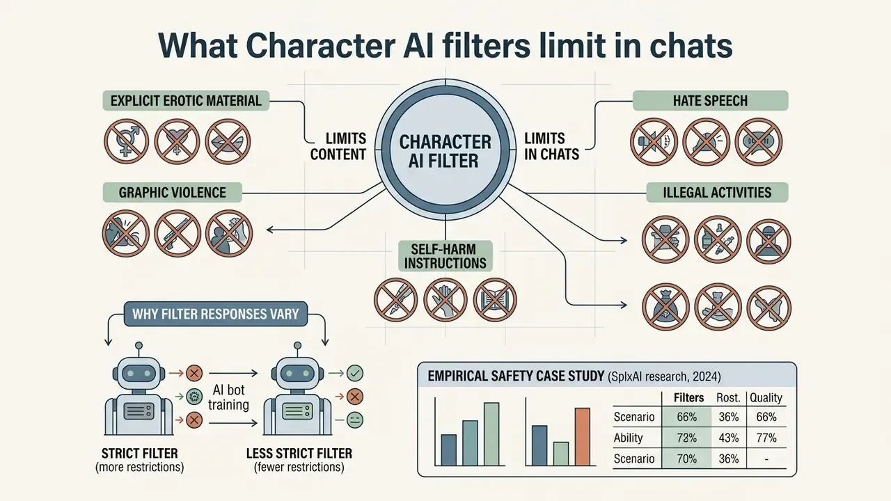 Infographic showing categories of restricted content, bot training variations, and safety research data