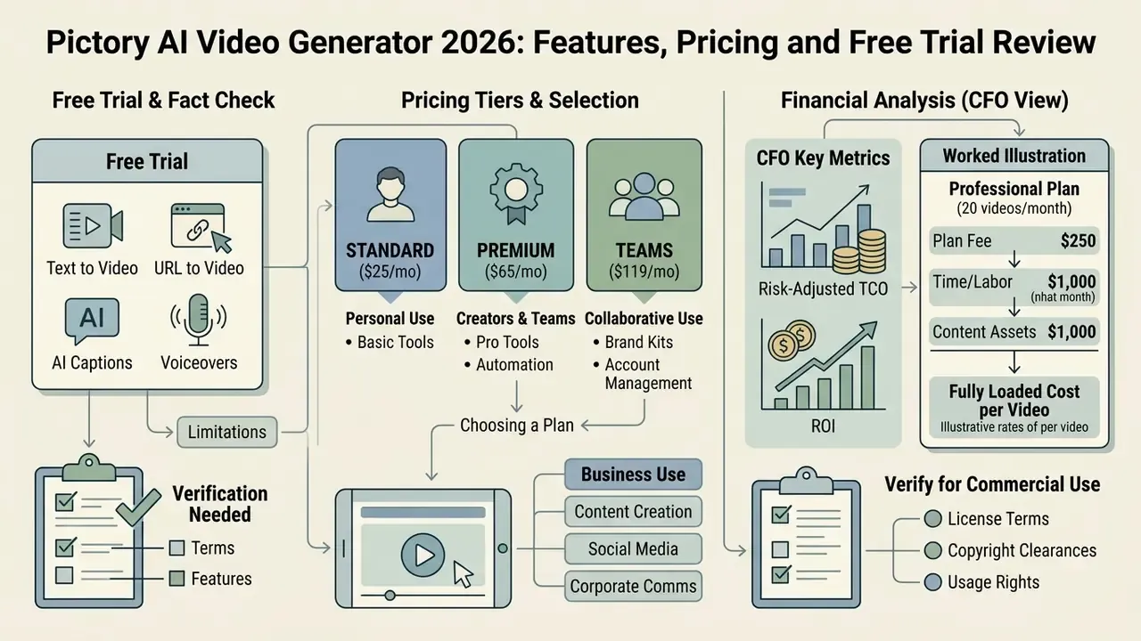 Flowchart detailing Pictory AI pricing tiers, business use cases, and financial metrics for video production