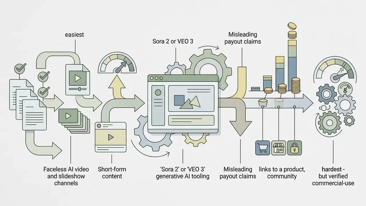 Process showing documents and AI tools creating video content that leads to product links and revenue