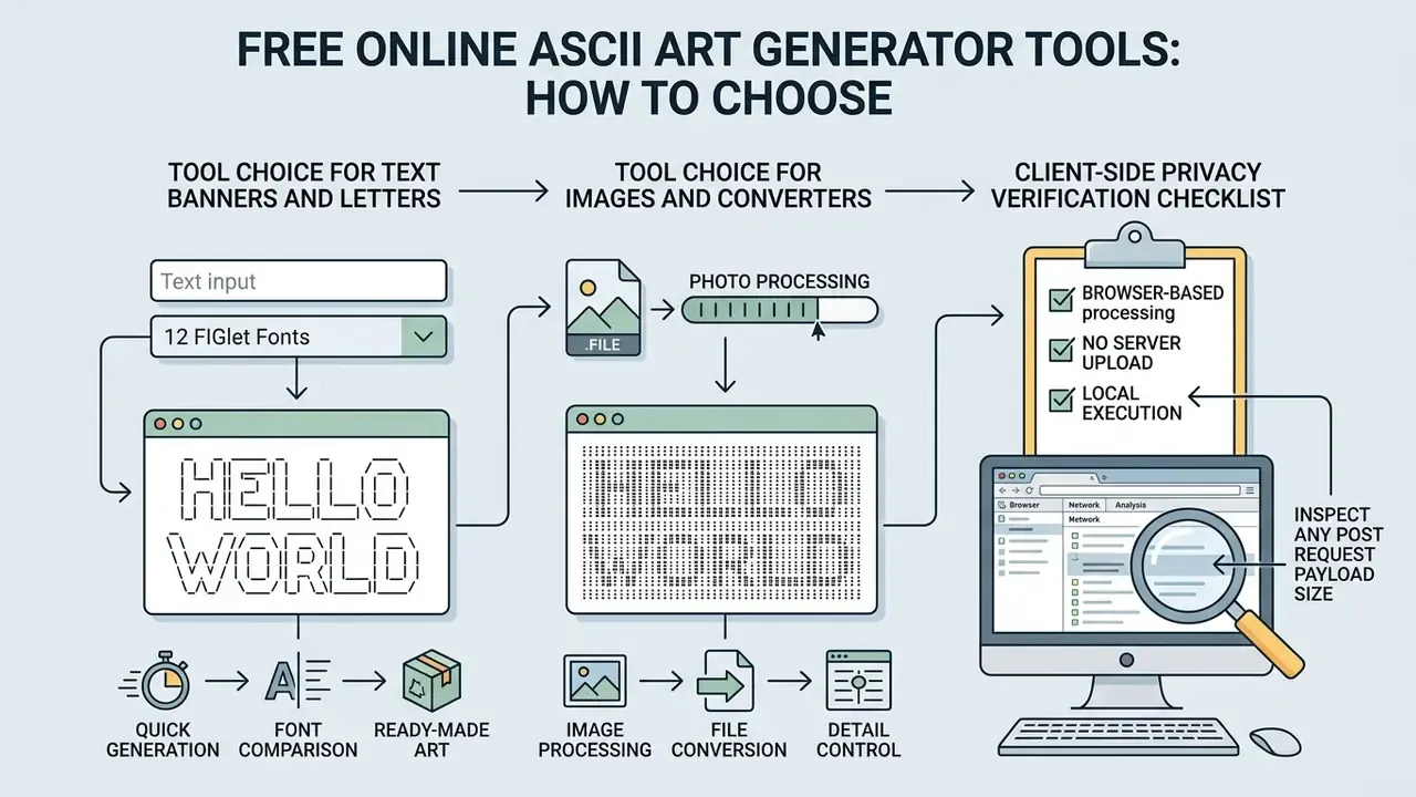 Decision flow for selecting an ASCII art generator based on text, image processing, and privacy needs