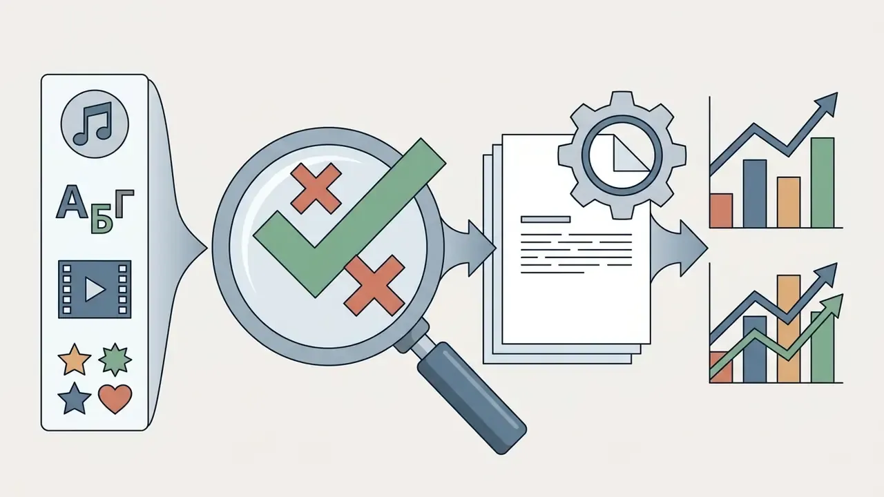 Magnifying glass auditing media assets before processing documents into upward trending bar charts