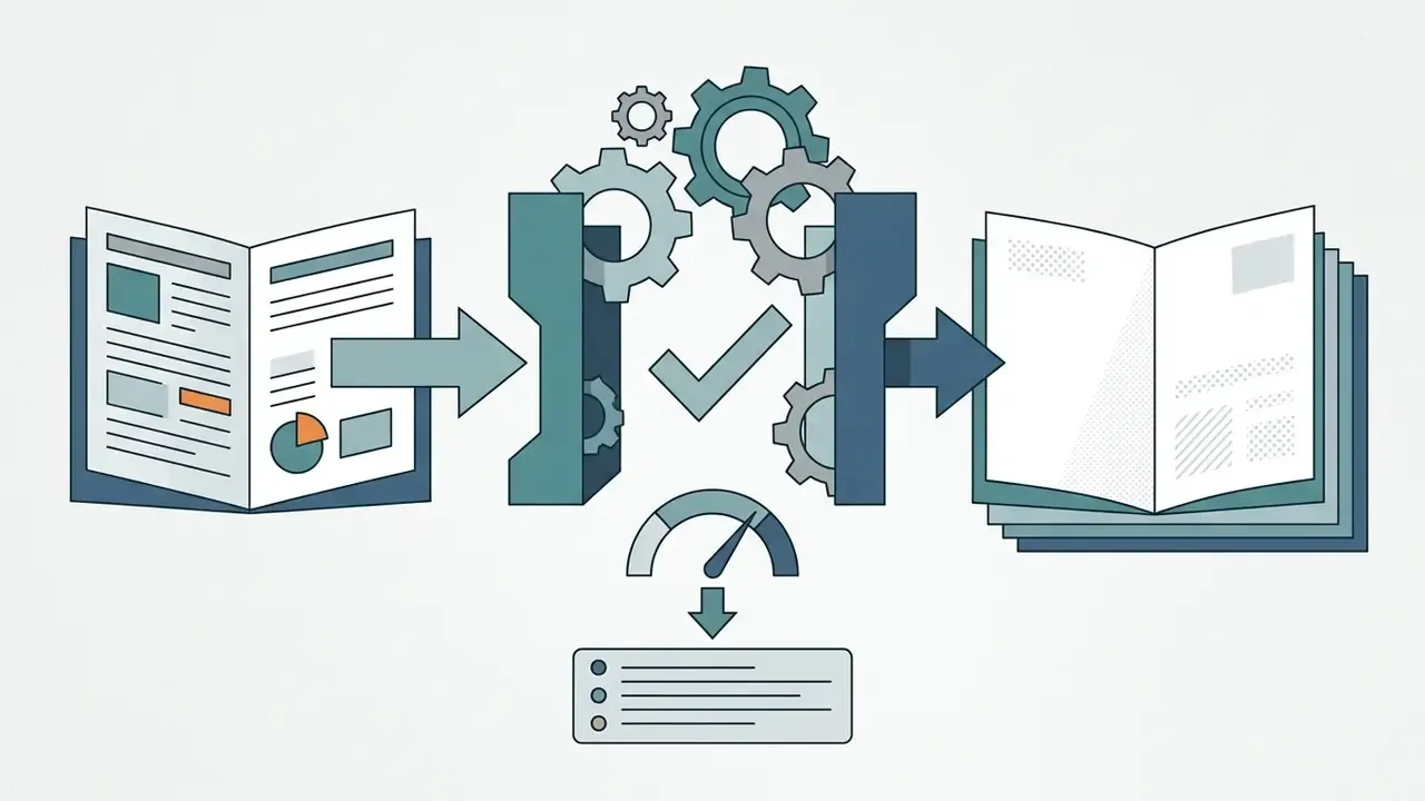 Open book passing through a gear mechanism to a stack of files with a gauge and list icon below