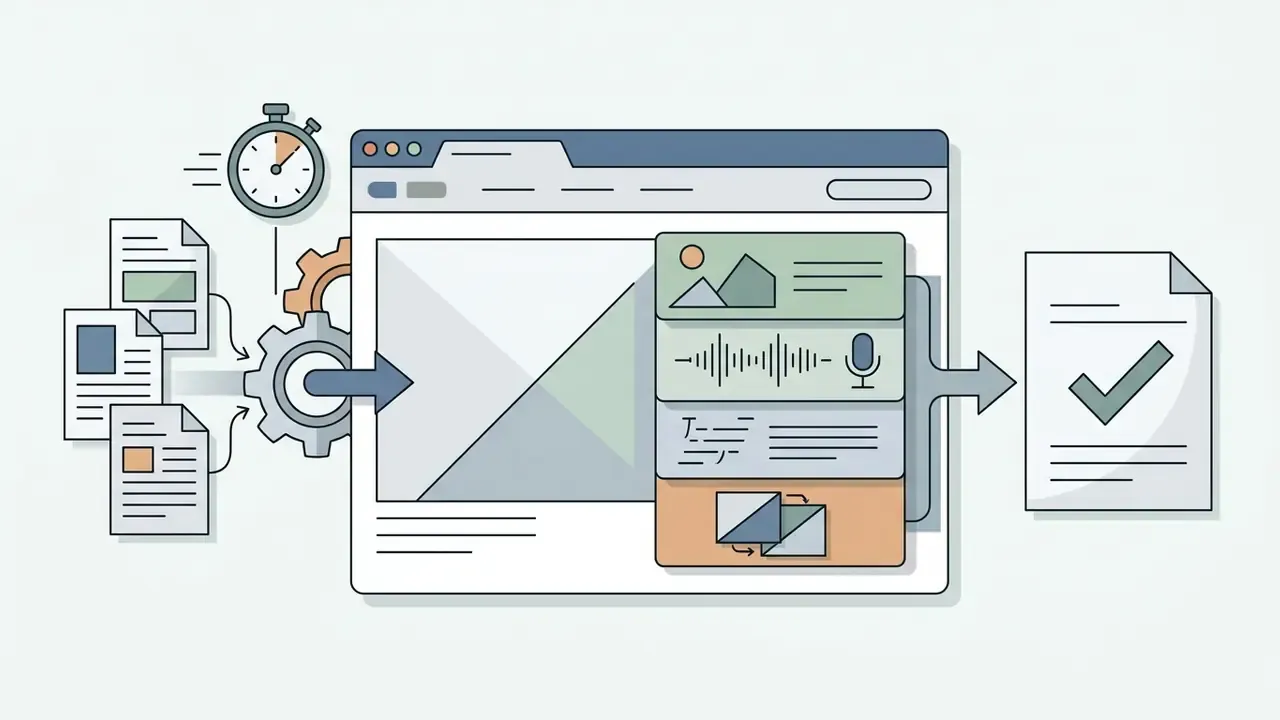 Browser interface processing documents into layered scenes with audio and captions for video export