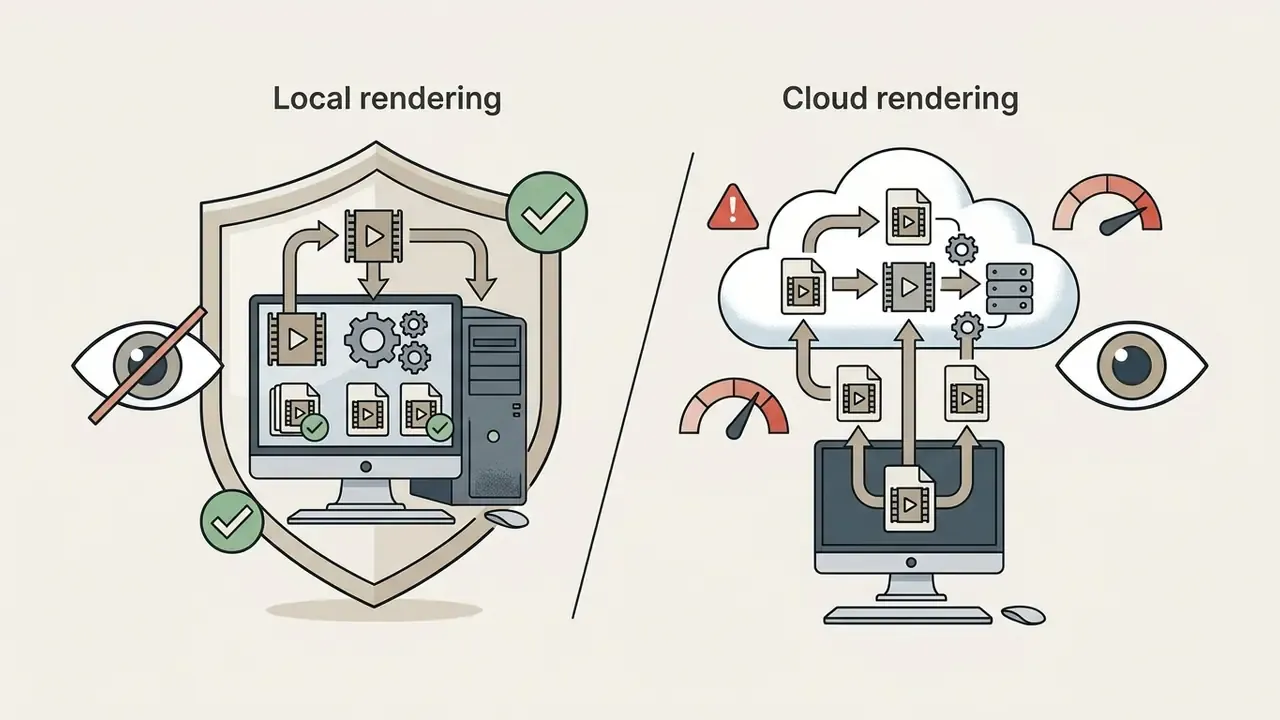 Split view showing local rendering inside a protective shield versus cloud rendering in a remote network