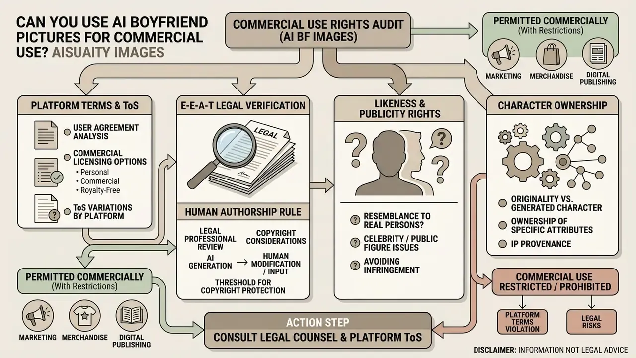 Flowchart outlining legal considerations and ownership rights for utilizing generated virtual characters