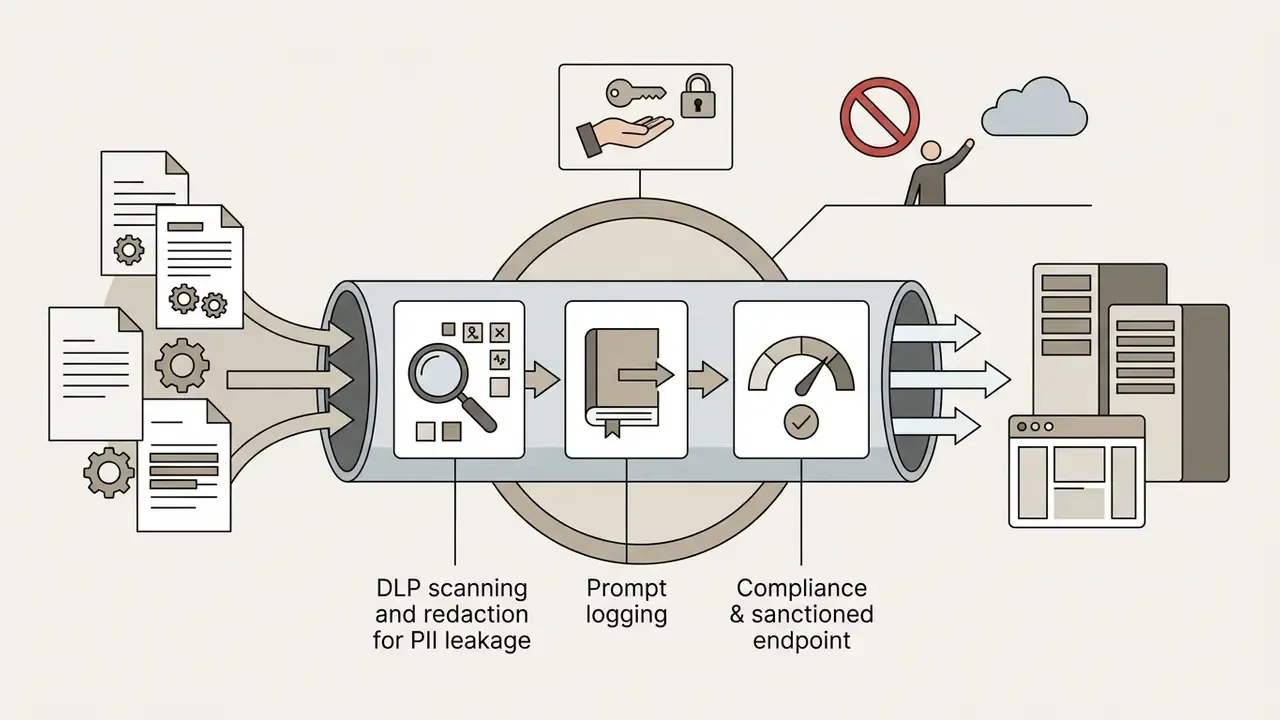 Documents flowing through a pipe for scanning, logging, and compliance before reaching secure servers