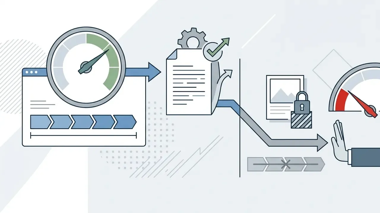 Process flow showing a time gauge leading to completed tasks before hitting a locked access barrier