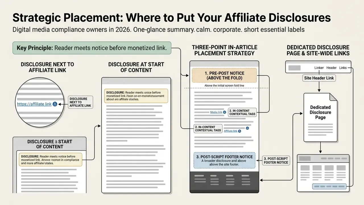 Visual guide showing three-point in-article and site-wide methods for displaying monetization notices