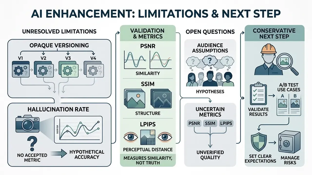 Flowchart summarizing unresolved technical limitations, validation metrics, and risk management strategies