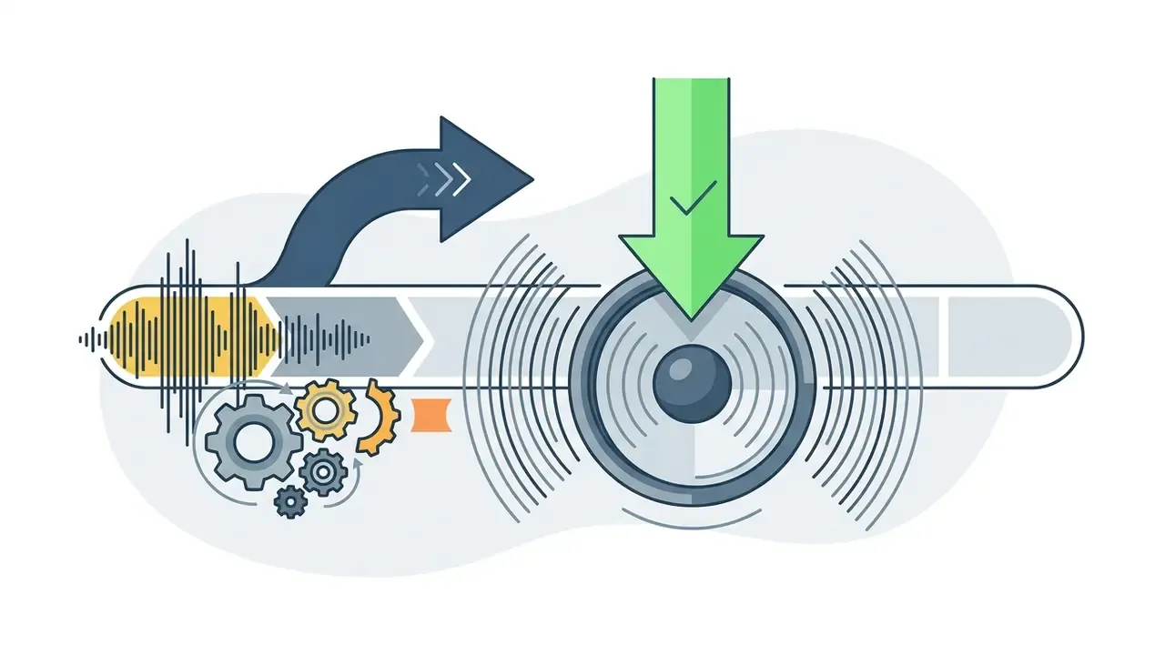 Sound wave and gears moving toward a speaker icon with a green downward arrow indicating audio processing