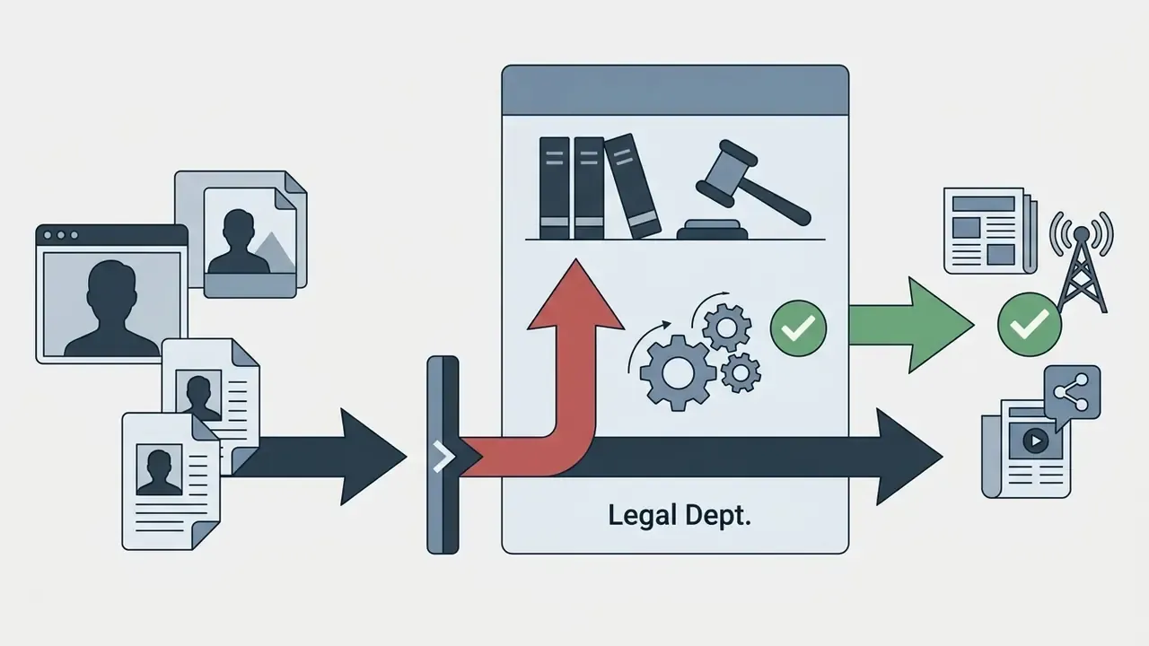 Documents with human likenesses flowing into a legal review gate that routes to approval or blocking