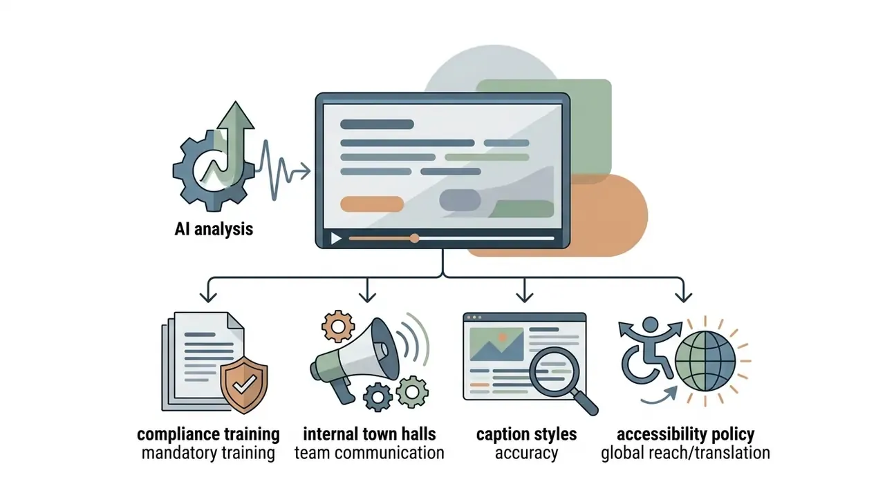 AI analysis of a video player branching into icons for training, team communication, styles, and policy