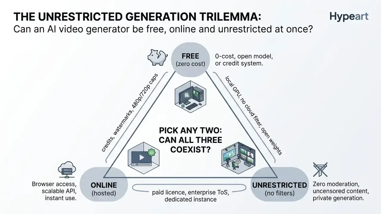 Triangular diagram showing the trade-offs between free, online, and unrestricted AI video generation
