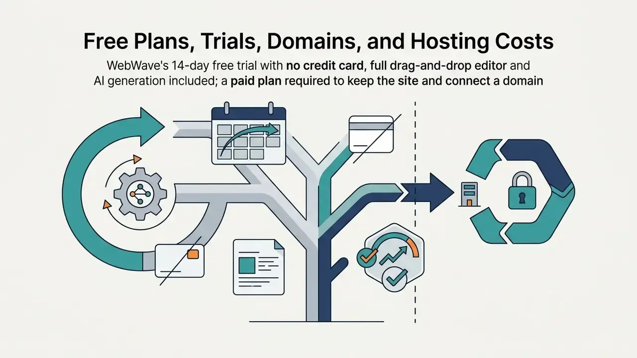 Branching path graphic showing trial periods and payment requirements for website hosting and domains