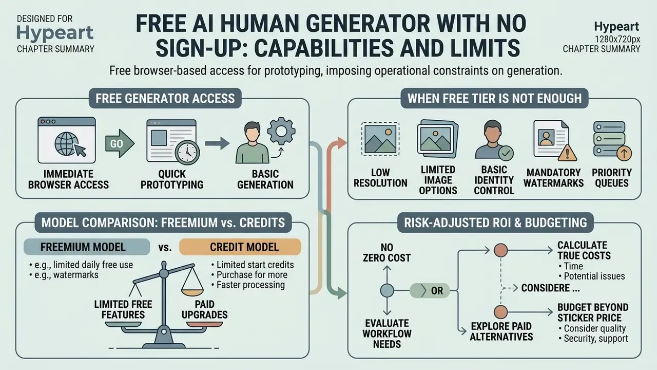 Infographic comparing browser-based access, freemium models, and cost considerations for synthetic media