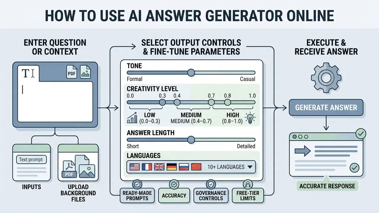 Infographic showing steps to input prompts, adjust tone and creativity sliders, and generate text outputs