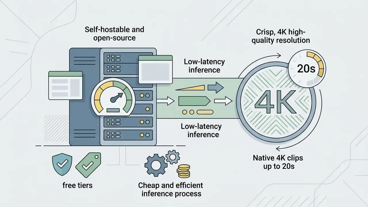 Server processing flow showing open-source 4K video generation with low-latency inference and free tiers