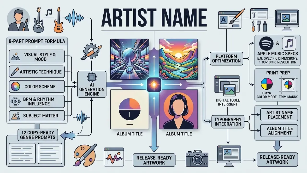 Diagram detailing the technical workflow from prompt engineering to final music release artwork