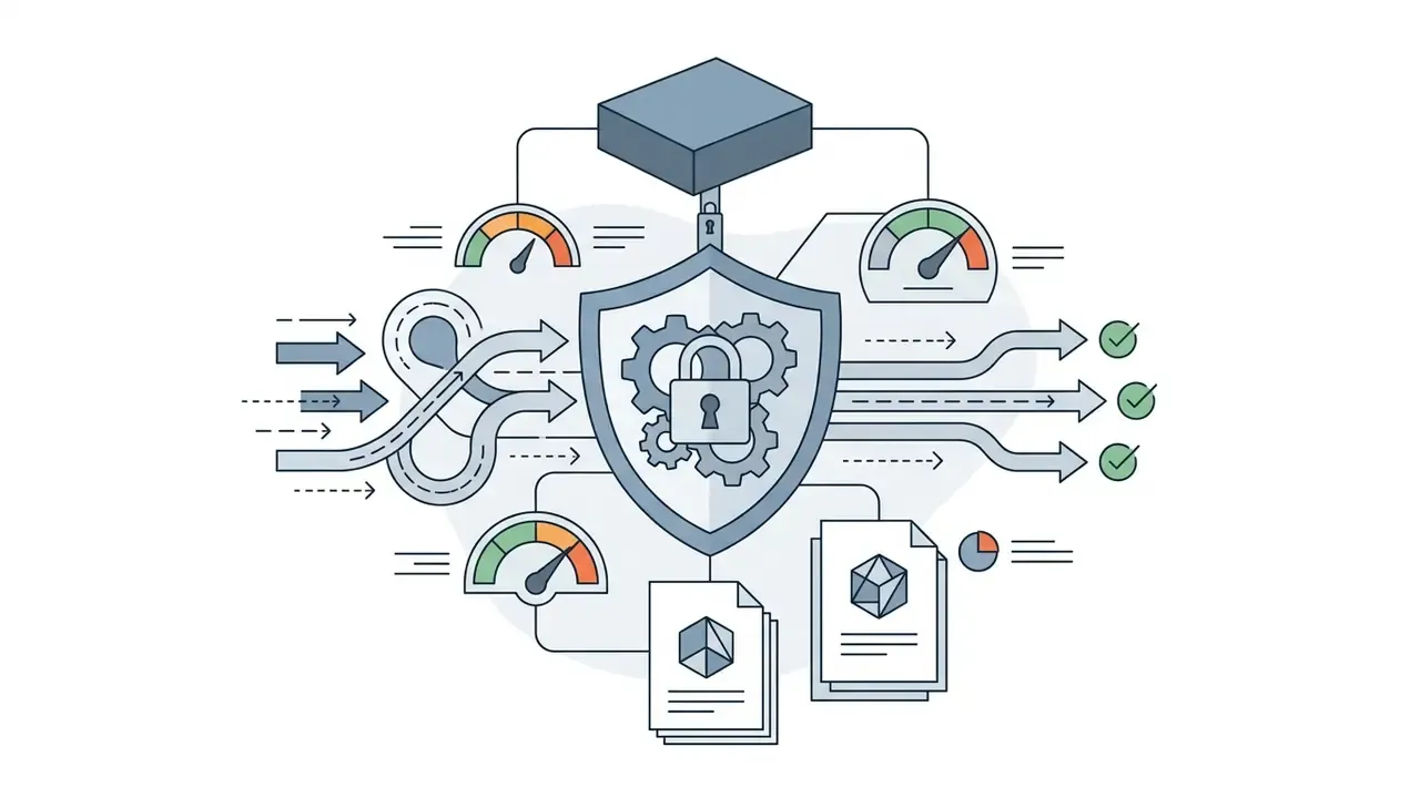 Shield with a padlock and gears surrounded by data paths, gauges, and documents leading to checkmarks