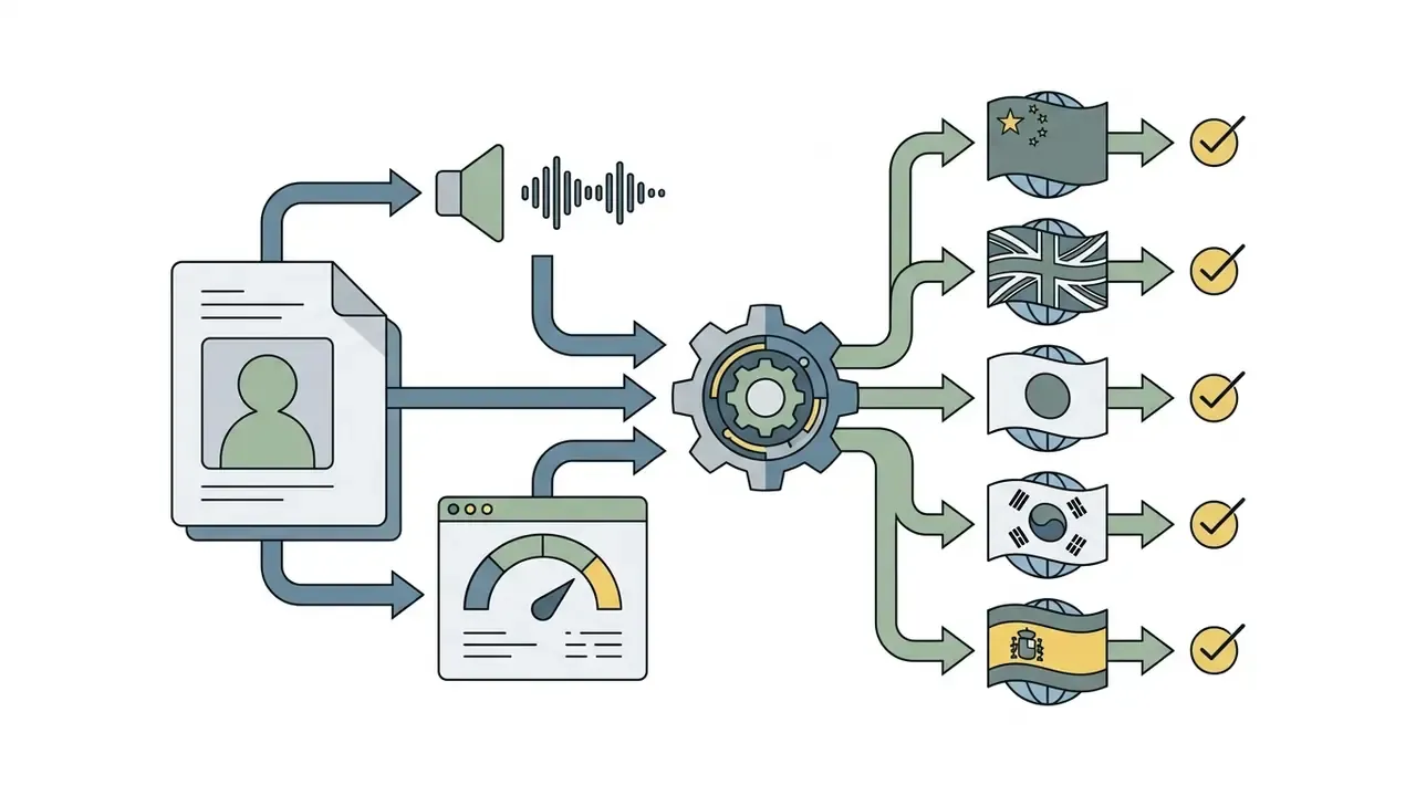 Character image and audio inputs feeding into a central gear processing unit for multilingual output