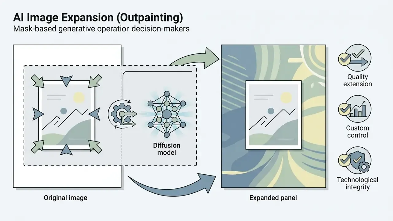 Visual representation of outpainting showing an original image being processed by a diffusion model into an expanded panel