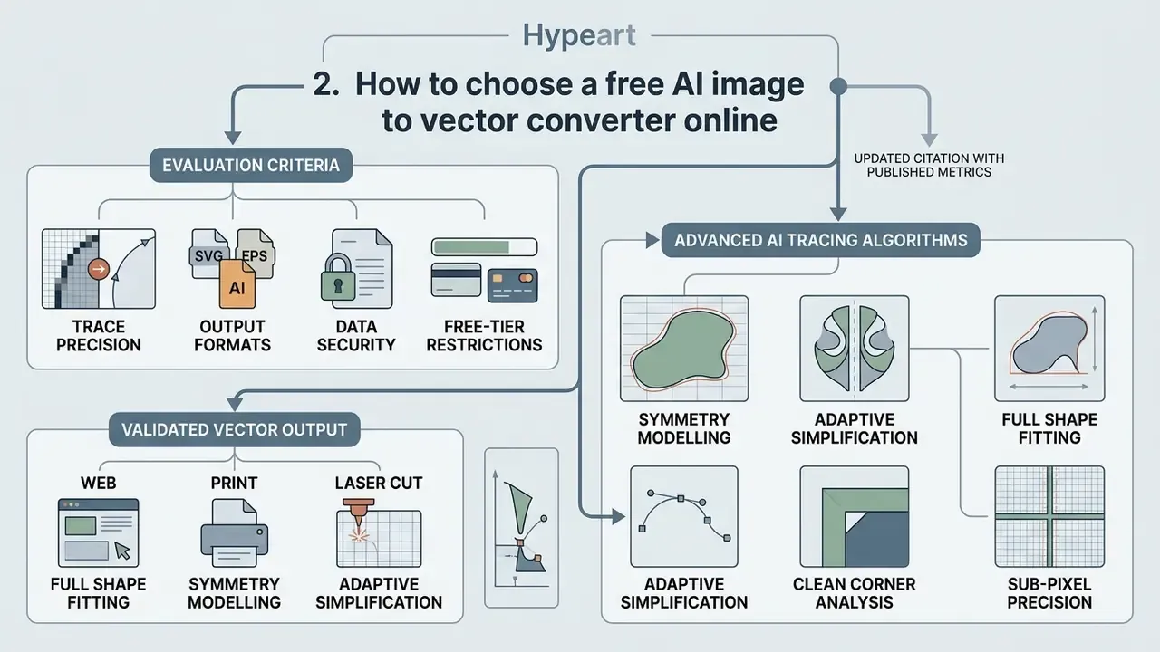 Flowchart outlining evaluation criteria and advanced AI tracing algorithms for vector conversion tools