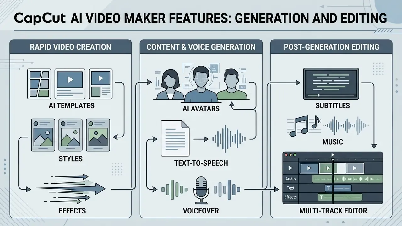 Infographic detailing video creation, voice generation, and multi-track editing workflow stages