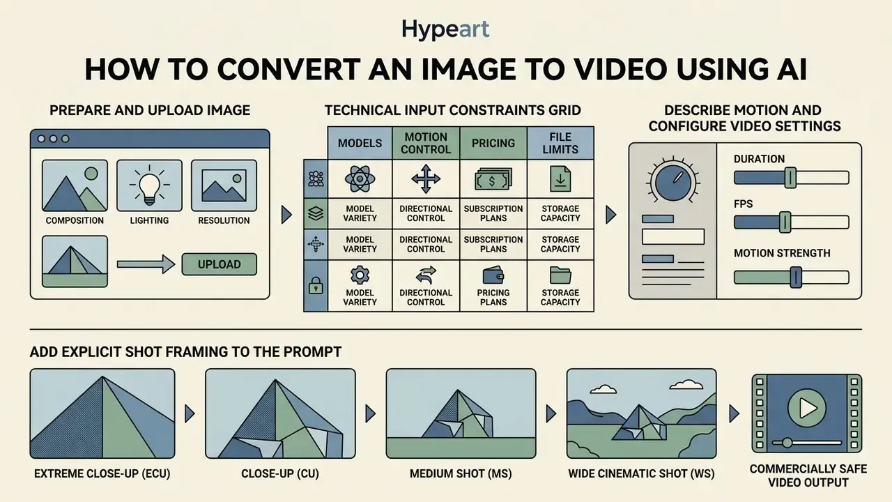 Step-by-step guide showing image upload, technical constraints, motion settings, and shot framing options