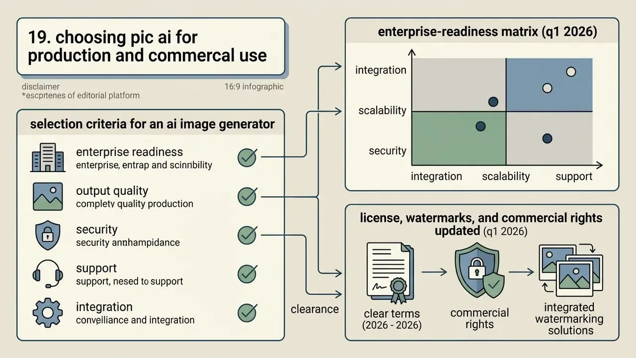 Infographic linking generator selection criteria to an enterprise readiness matrix and commercial rights