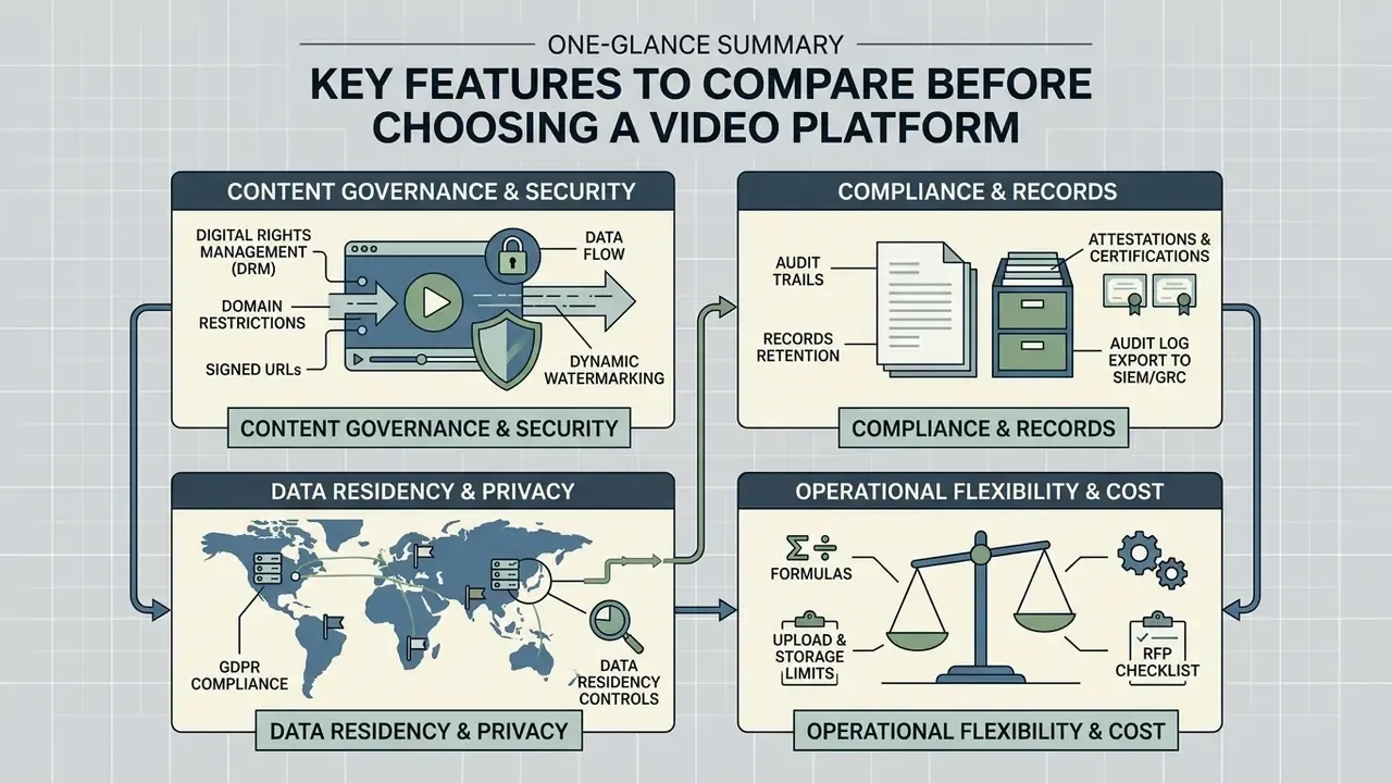 Four-part diagram outlining security, compliance, data residency, and operational factors for video hosting