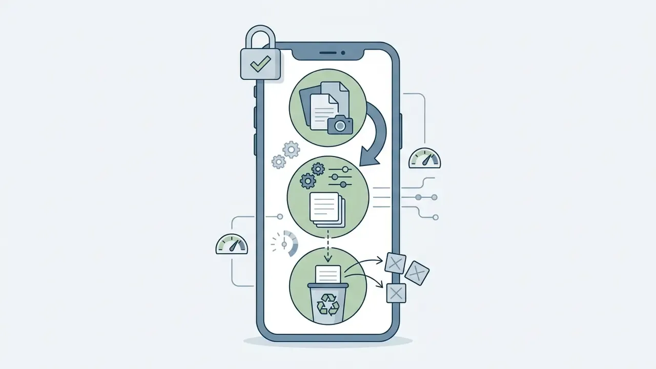 Smartphone screen showing a process of importing media, editing files, and deleting project caches