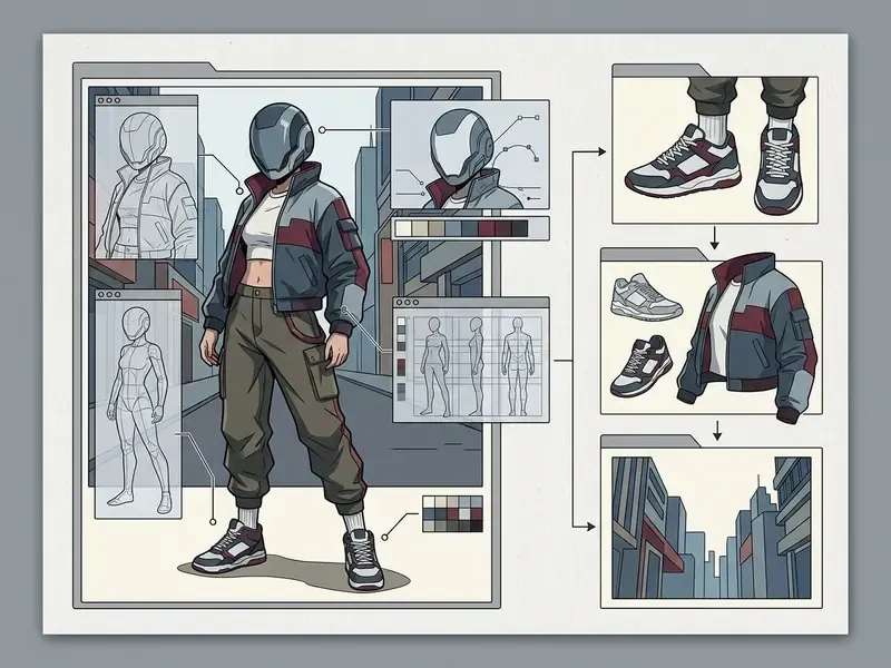 Character sheet showing a girl in urban streetwear with helmet, sneakers, and city background elements