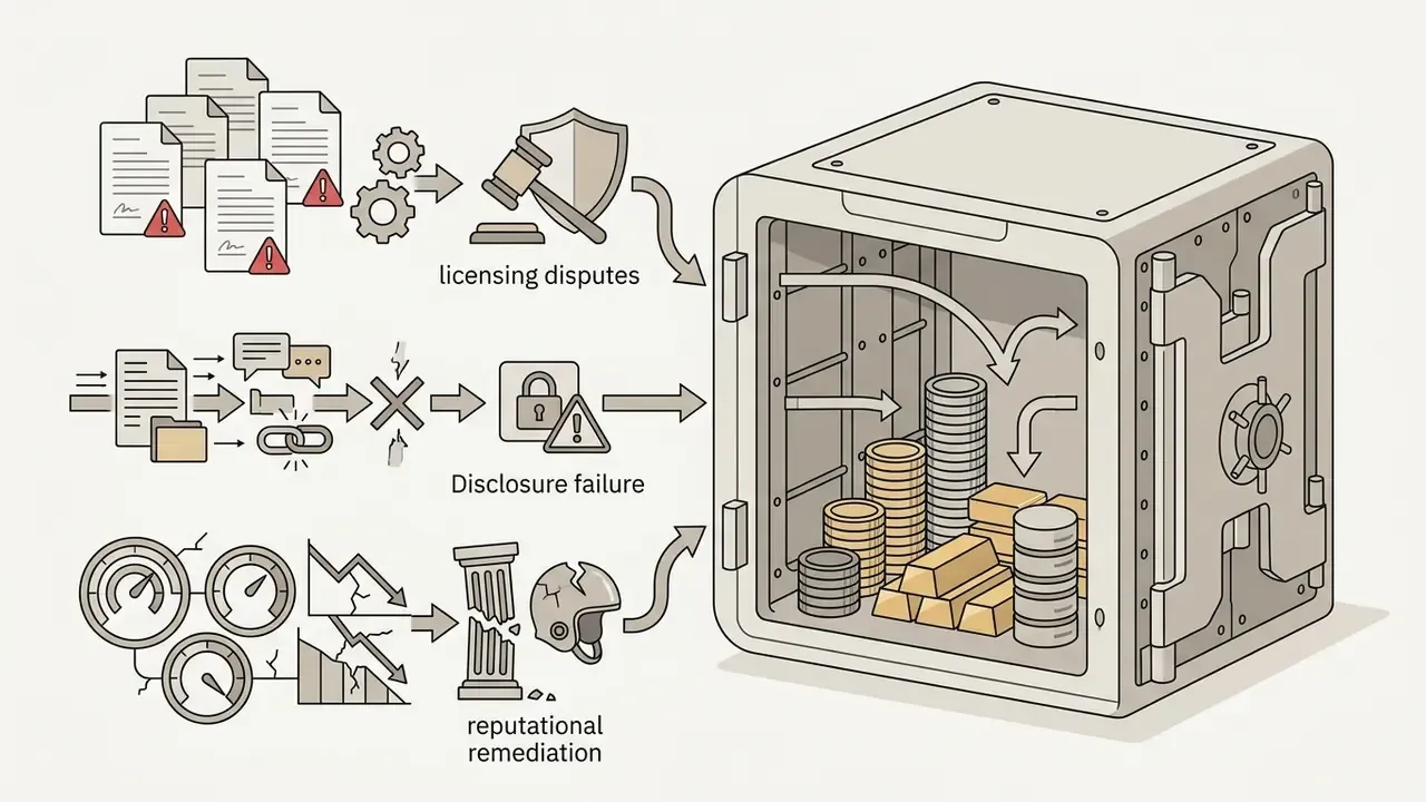 Risk factors including licensing and disclosure issues feeding into a vault filled with gold and coins