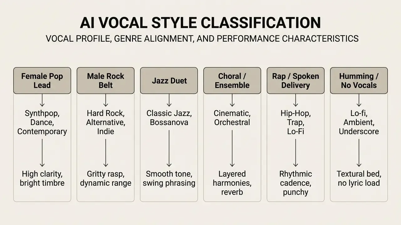 Chart mapping six vocal profiles to their corresponding musical genres and performance characteristics