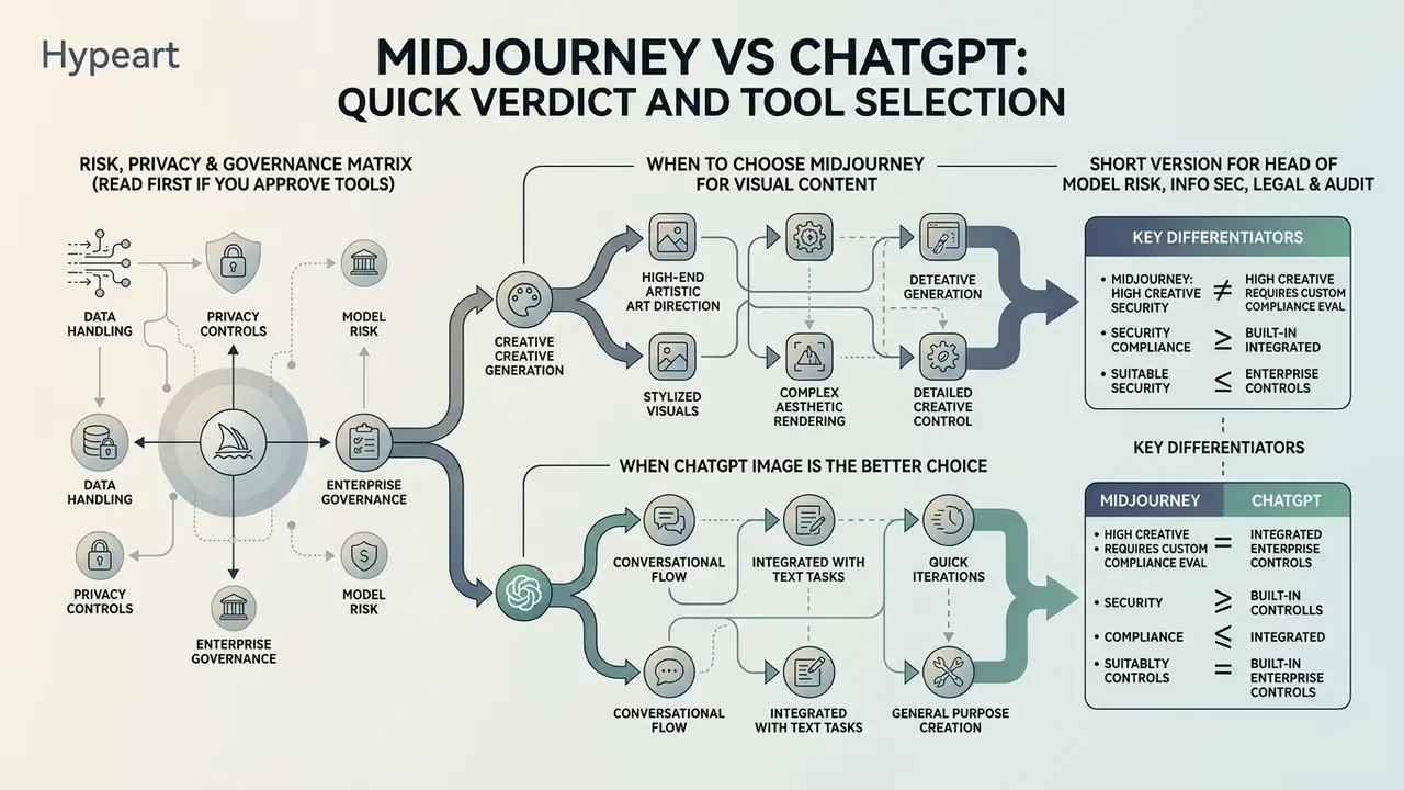 Flowchart comparing Midjourney and ChatGPT across risk management, creative use cases, and tool selection