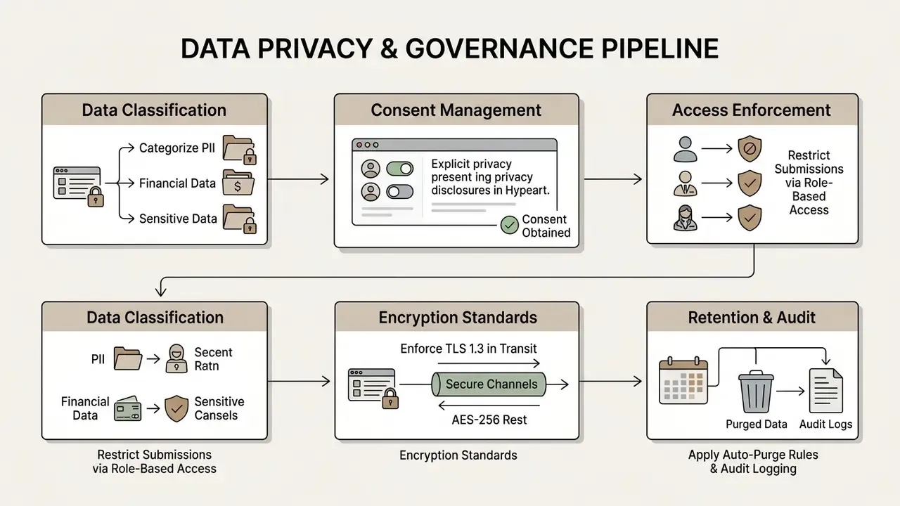 Five-step process showing data classification, consent management, access enforcement, encryption, and audit