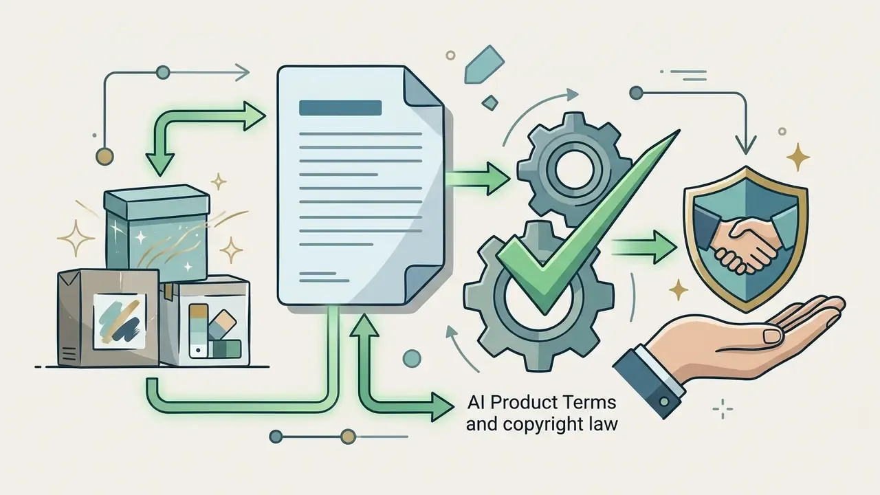 Document and boxes linked to gears and a handshake shield held by a hand to signify legal compliance