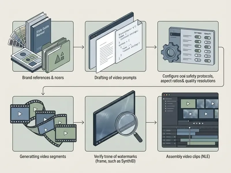 Checklist showing the six steps for producing commercial video content using the Google Veo AI model