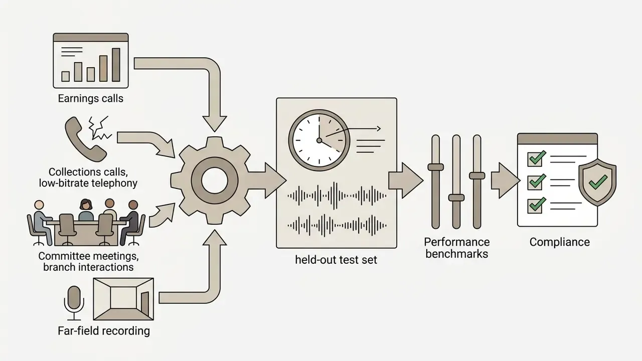 Diverse audio sources feeding into a gear processor to create a test set for performance benchmarking