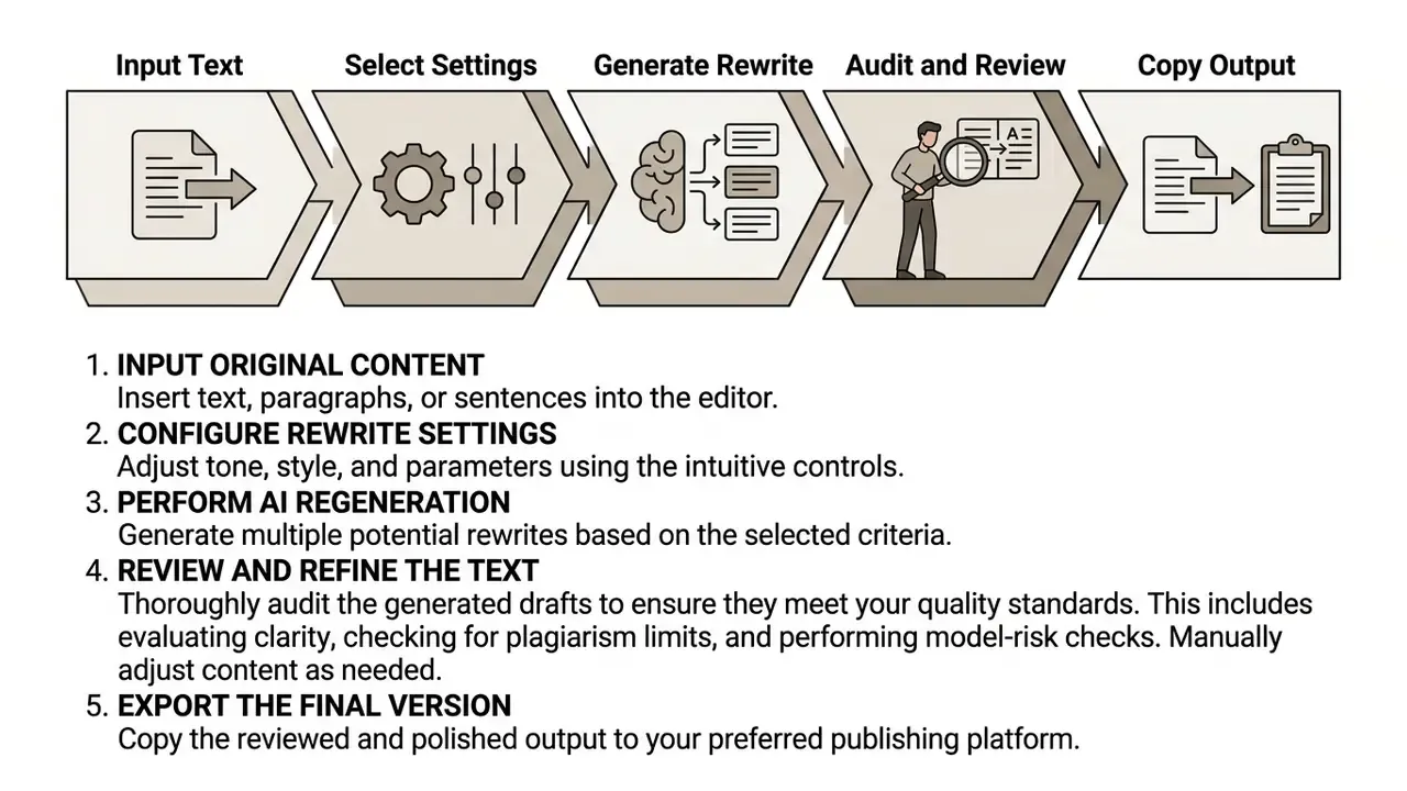 Five stage process flow diagram showing text input, configuration, generation, review, and final copying