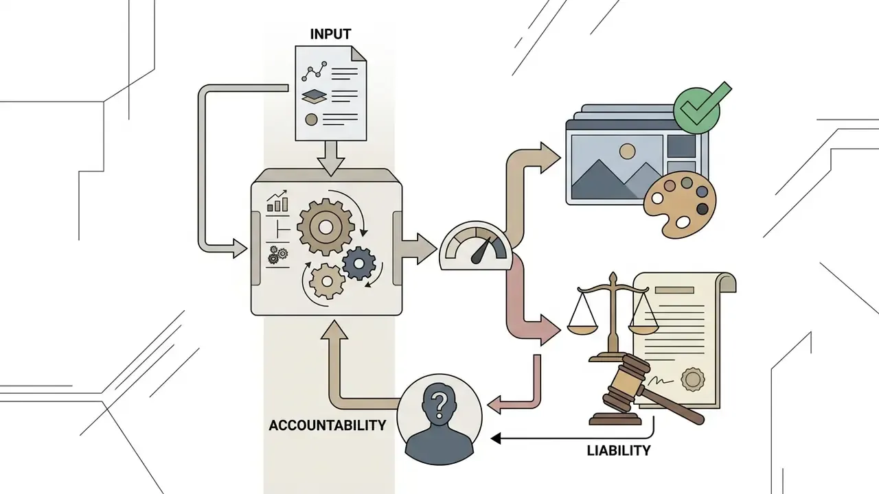 Flowchart showing input data processing leading to artwork creation and legal accountability outcomes