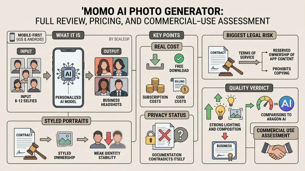 Infographic summarizing the Momo AI photo generator process, legal risks, privacy, and quality assessment