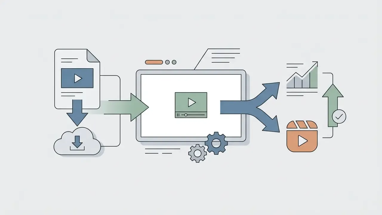 Video file icon downloading to cloud storage then processing through a screen to social media platforms