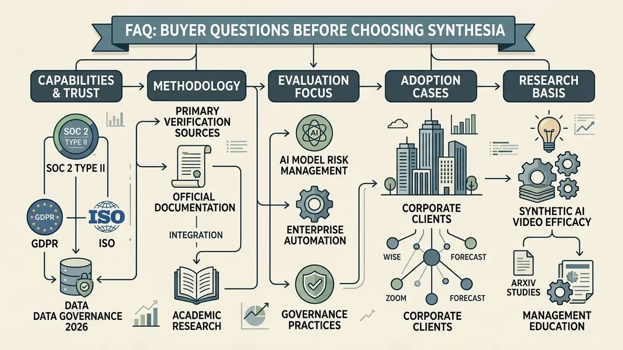 Flowchart detailing buyer questions regarding Synthesia AI capabilities, methodology, and research basis