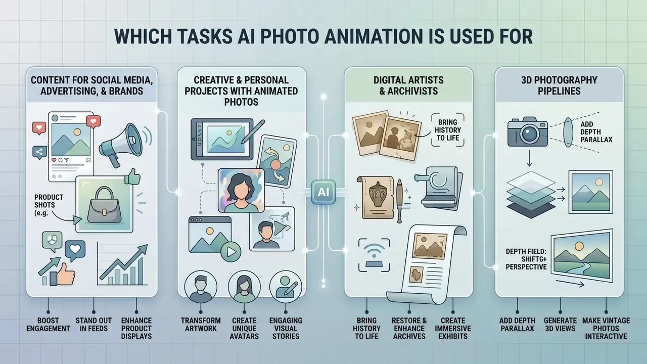 Four column diagram showing applications of neural photo animation in marketing, creative projects, and archiving