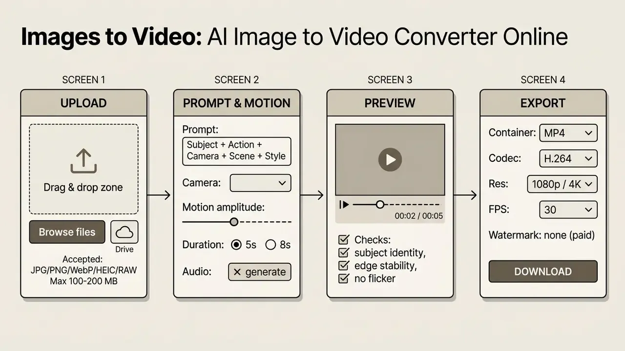 Linear workflow showing file upload, prompt configuration, video previewing, and export settings