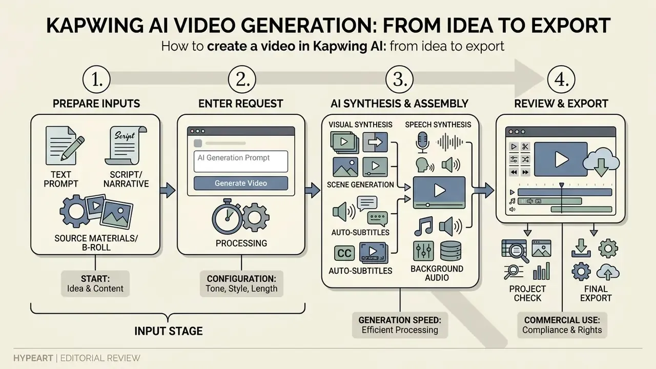 Four-step diagram illustrating the automated video creation workflow from initial inputs to final export
