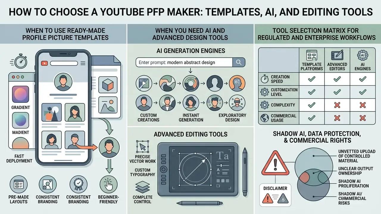 Decision matrix comparing template platforms, advanced editors, and AI engines for graphic creation