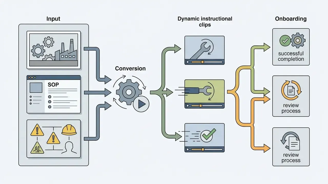 Factory images and documents feeding into a conversion gear to create instructional video clips for onboarding