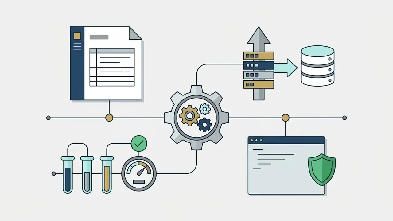 Central gear mechanism connecting document, server, database, test tube, and code shield icons